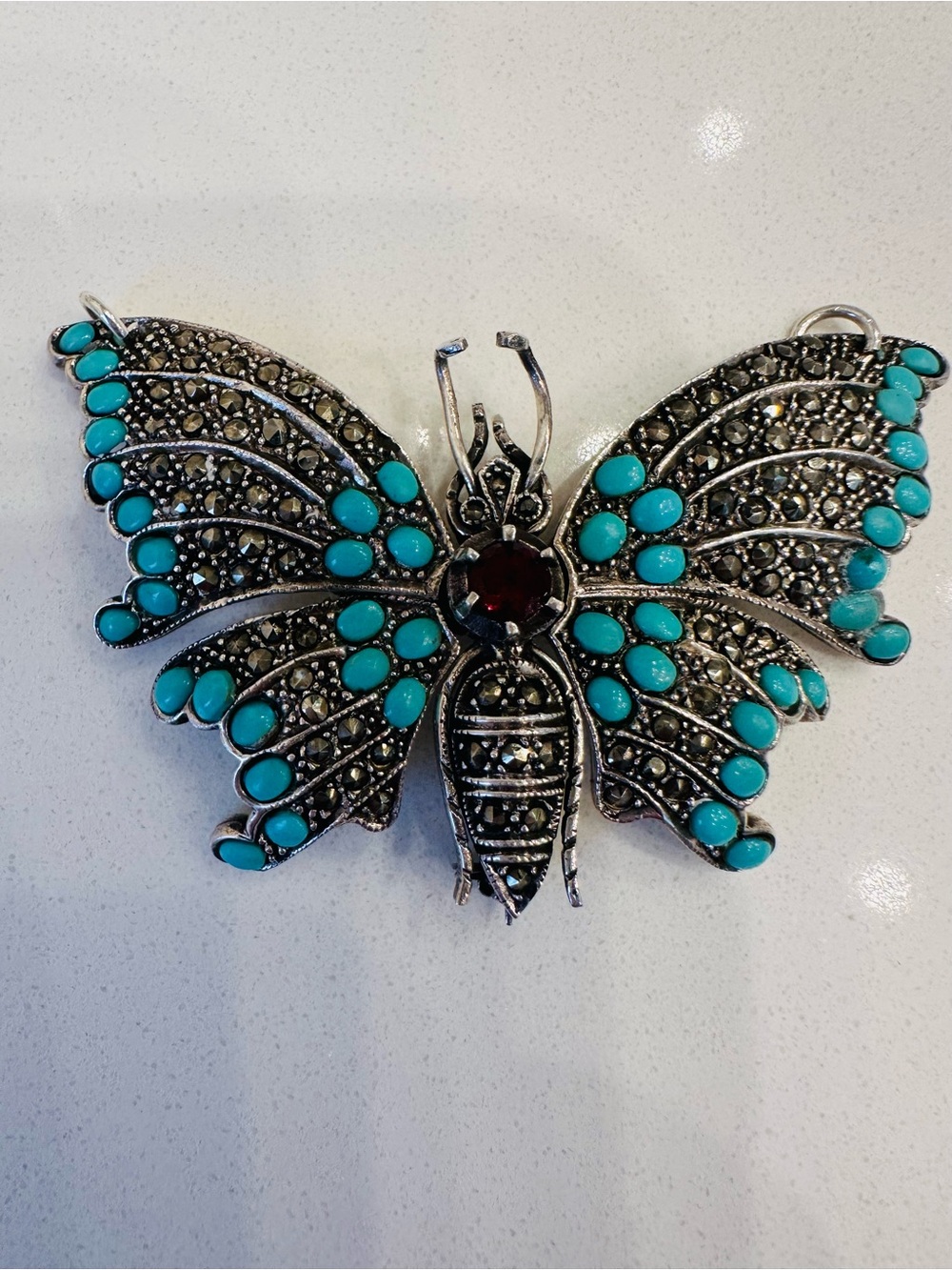 Vintage Sterling Silver Turquoise and Marcasite Butterfly Hinged Brooch/pendant